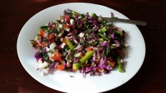 Flowering kale, asparagus, tomato, onion, feta cheese with olive oil and vinegar dressing